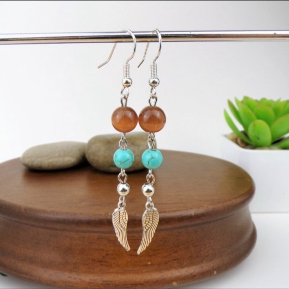 Turquoise & Wing Charm Silver Tone Earrings